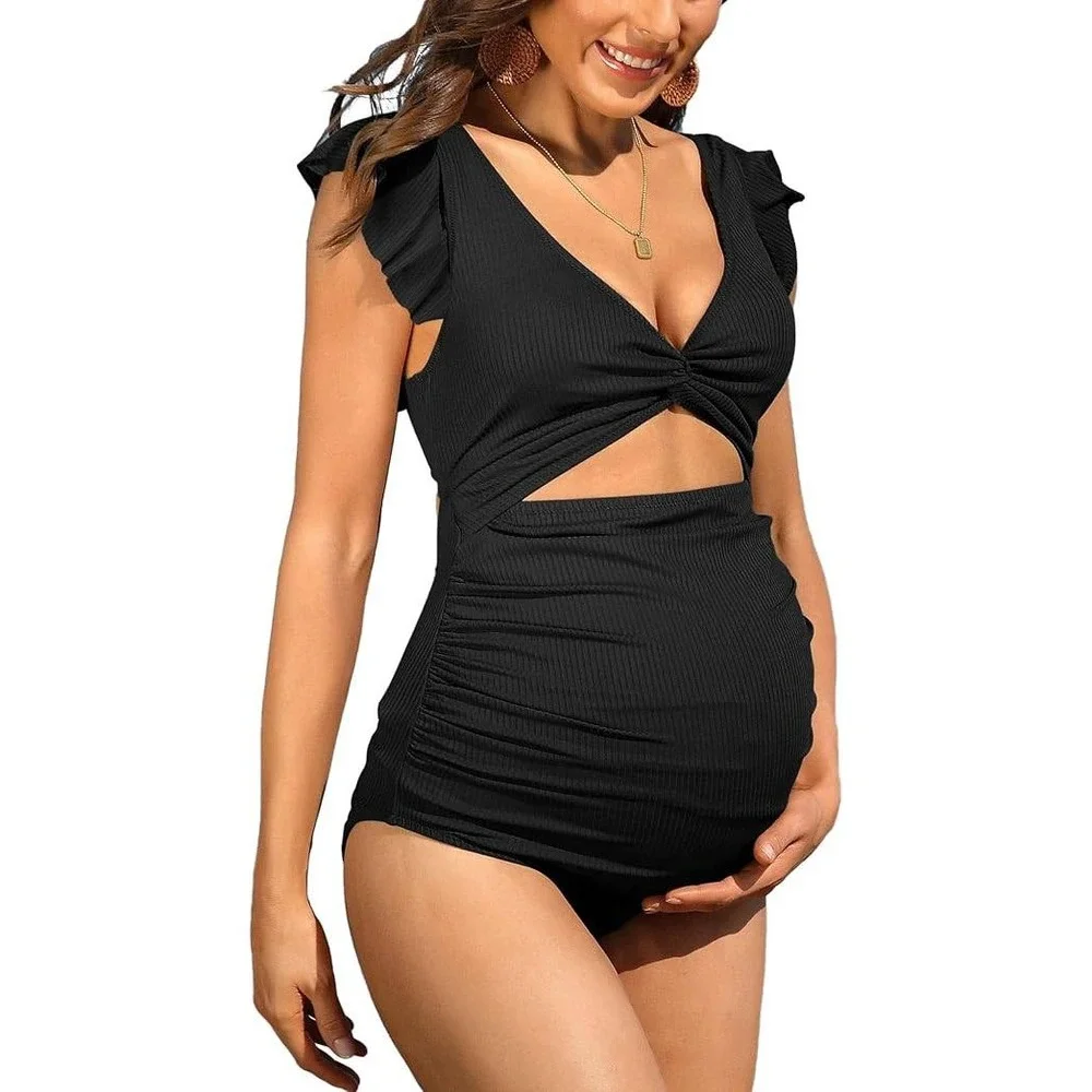 Charmo Maternity One Piece Swimsuit Black Ribbed Ruffle Cutout UPF 50 Size S NWT